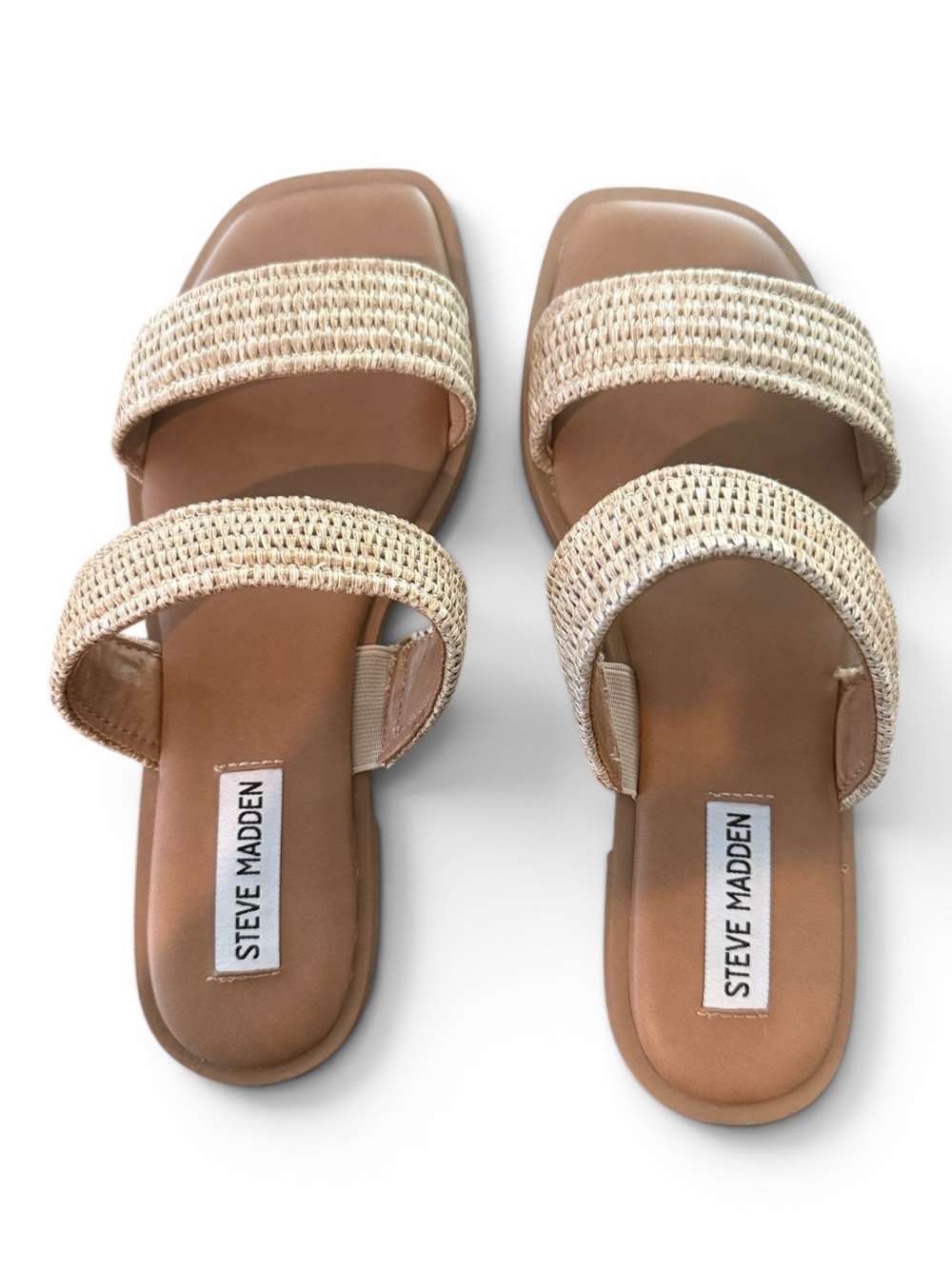 Steve Madden DUAL Cream Woven Double-Strap Slide Sandals